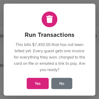 The Run Transactions confirmation in Argenta, naming the amount that has not been billed yet